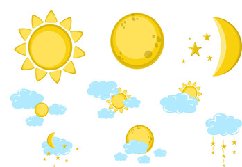 Set of objects on white background depicting celestial bodies, sun with moon and moon in clouds.