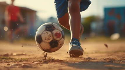Children play kicking football. AI Generative.