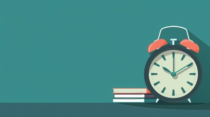 An alarm clock placed on top of a stack of books in a classroom setting, flat style design illustration. Teachers’ Day concept. Copy space.