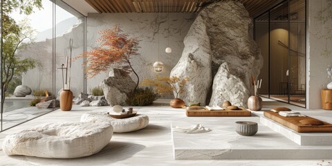 Artistic 3D render of a minimalist, zen-inspired kitchenware set with clean, geometric shapes and organic, stone-like textures