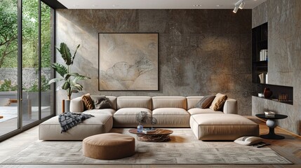 Design a modern, minimalist living room with hints of yuppie style and sophistication , Hyper realistic - obrazy, fototapety, plakaty