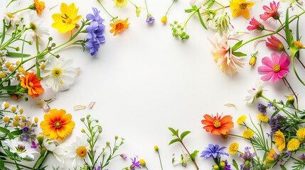 Colorful spring flowers on white background.