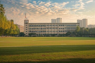 A scenic shot of a campus building and the soccer field in a school in Shenyang, Liaoning, China