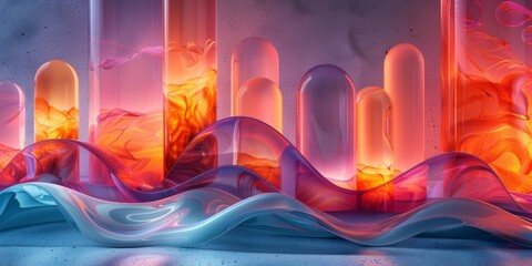 Artistic 3D render of an abstract, sculptural office supply set with organic, flowing shapes and vibrant, color-shifting stationery