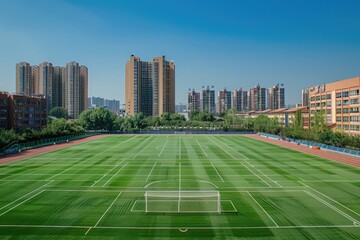 A scenic shot of a campus building and the soccer field in a school in Shenyang, Liaoning, China