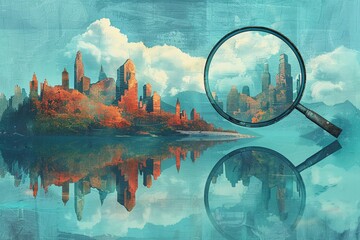 Tourism, floating, paradox, Magnifying glass, bohemian , illustration