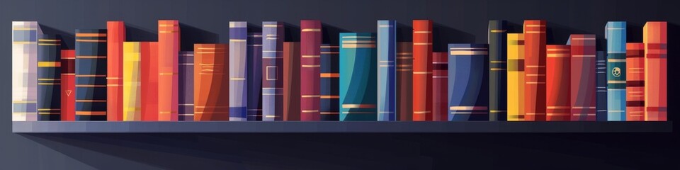 A row of books neatly placed on top of a bookshelf. Banner. Copy space. - obrazy, fototapety, plakaty
