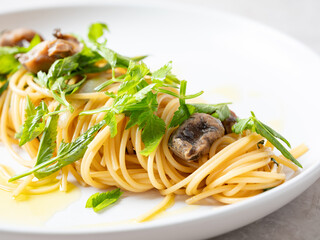 Whelk oil pasta on a plate