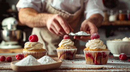Skilled Cupcake Maker's Delicate Handiwork with Cream Frosting