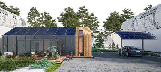 Energy supply at a sustainable family house with solar carport (isolated) - 3D visualization - 776928181