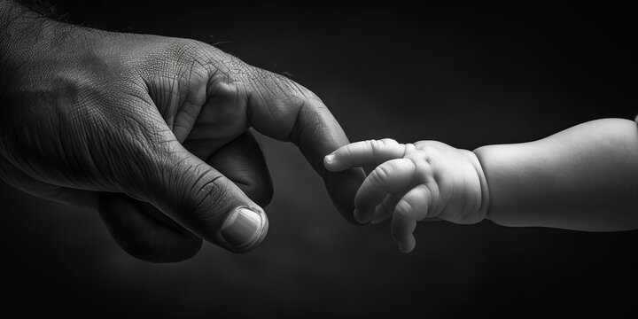 Sincere Black White Photograph: Adult Man Tenderly Holding Baby's Hand