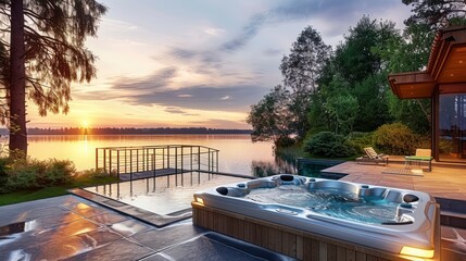 Fototapeta premium Summer Serenity - An Exquisite Water View Complemented by a Luxurious Hot Tub