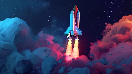 Tragetasche a space shuttle, radiant and powerful, propels through a digital blue universe, its ascent amidst swirling smoke symbolizing the bold venture of start-ups and their quest for success. © arhendrix