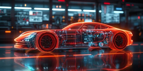 Futuristic 3D render of a sleek, holographic automotive accessory display with levitating, translucent car parts and a high-tech, interactive customization interface