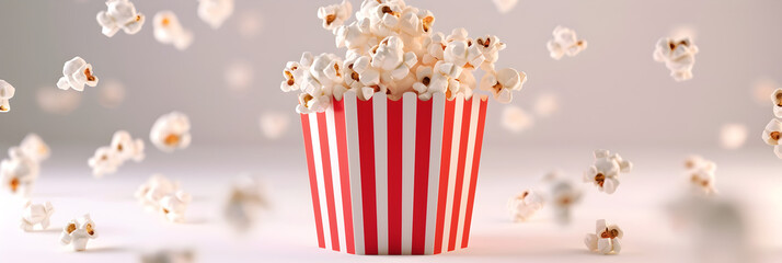 Popcorn on a vivid background, Popcorn flakes and bucket, realistic pop corn .