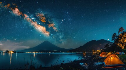 Travel Camping tents beside the lake, Milky way, blue night sky, mountain is the background - obrazy, fototapety, plakaty