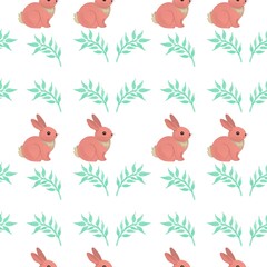 seamless pattern with rabbits and leaves on a white background. Easter wrapping paper