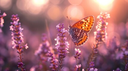 Violet heather flowers and butterfly in rays of summer sunlight in spring outdoors on nature macro