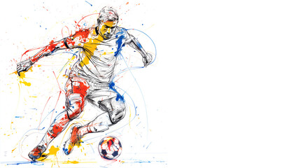 Colourful pencil sketch of a soccer player in white uniform with splat of blue, red and yellow colour, isolated on white background, copy space, horizontal 16:9