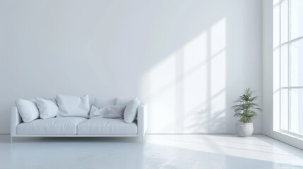 3D rendering of a white living room interior design with a sofa and window, against a white wall background