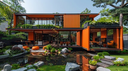 Cafe in Container: Modern Asian Theme Exterior Style for Shipping Container Eatery or Restaurant