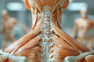 the anatomy of the trapezius muscles in closeup, showcasing their broad, triangular shape and their attachment points on the spine and shoulder girdle - obrazy, fototapety, plakaty