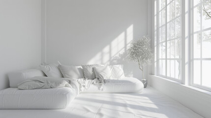 3D rendering of a white living room interior design with a sofa and window, against a white wall background - obrazy, fototapety, plakaty