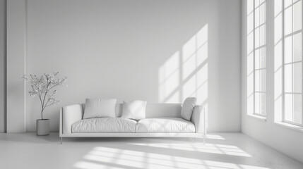 Fototapeta na wymiar 3D rendering of a white living room interior design with a sofa and window, against a white wall background