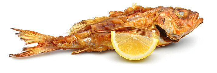 Grilled Carp Fish Tail Fried, The heap of dried goatfish taken closeup Isolated on white ,Fried river fish with the cutting back with lemon.