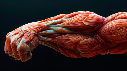 Illustrate a detailed closeup of the human bicep muscle, highlighting its bulging fibers and intricate network of veins - obrazy, fototapety, plakaty