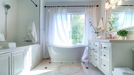 A Refreshingly Bright Bathroom Featuring a Pristine White Cabinet, Luxurious Bathtub, and Sheer White Curtain
