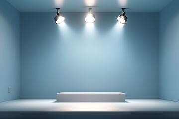 Minimalist Empty Studio Room With Spotlights On Podium With Light Blue Wall Color, Room For Advertisement, Promotional Space,  Ad Space