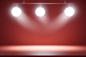 Minimalist Empty Studio Room With Spotlights On Podium With Red Wall Color, Room For Advertisement, Promotional Space,  Ad Space