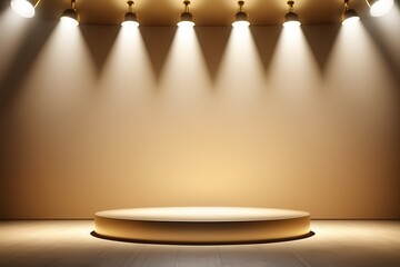 Minimalist Empty Studio Room With Spotlights On Podium With Light Brown Wall Color, Room For Advertisement, Promotional Space,  Ad Space
