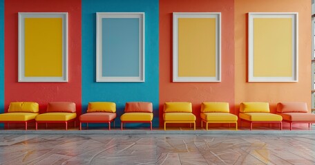 Blank Mockup Frames Adorn a Vibrantly Painted Wall in a Kindergarten Playroom for Display and Showcase Concepts