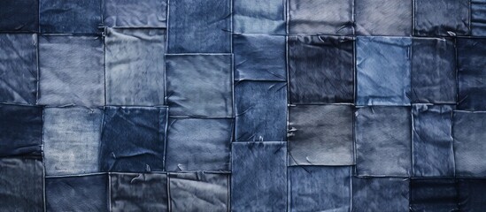 A unique close-up image showcasing a wall built entirely from blue jeans fabric, featuring a visible patch