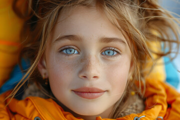 A young girl with beautiful blue eyes in a yellow jacket close-up.