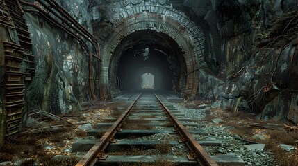 Haunting Depths: A Forgotten Subterranean Railroad Tunnel Shrouded in Mystery and Decay - obrazy, fototapety, plakaty