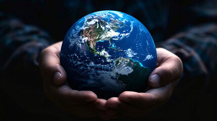 human holding small globe earth hand black bakgroud,earth Day or enviroment protection Help save...