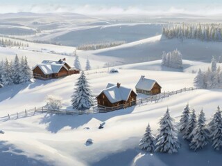 snow-covered landscapes. vast expanses blanketed in pristine white snow, with rolling hills, forests, and fields stretching out into the distance.trees, houses, and roads partially covered in snow 