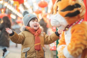 Child's Delight Meeting a Mascot at a Festival. A candid shot of a child's first encounter with a mascot, a moment of awe and wonder, set against the backdrop of vibrant park decorations