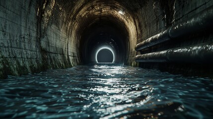 a  looking down a dark water filled concrete sewer pipe, lighting coming from the back - obrazy, fototapety, plakaty