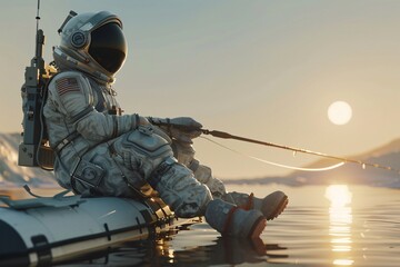 a astronaut sitting on a raft in water - obrazy, fototapety, plakaty