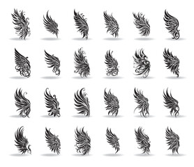 Collection of vector Elves wings the style of engraving