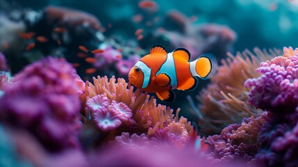 Fototapeta na wymiar Clown fishes swimming in their anemone surrounded by sea grass on tropical coral reef.