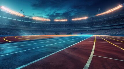 stadium with track and field, wide angle view, bright lights, night sky