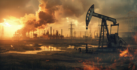 Industrial Pollution Oil Well Emitting Smoke and Steam - obrazy, fototapety, plakaty