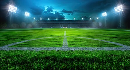 Soccer stadium field under lights, illuminated in the style of spotlights with dark sky background
