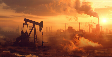 Steamy Oil Well Smoke Rising, Industrial Complex Backdrop - obrazy, fototapety, plakaty
