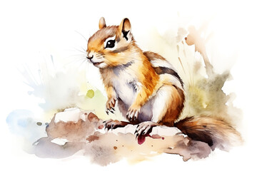 Obraz premium Watercolor painting of chipmunk on a clean background. Wildlife Animals. Illustration, Generative AI.